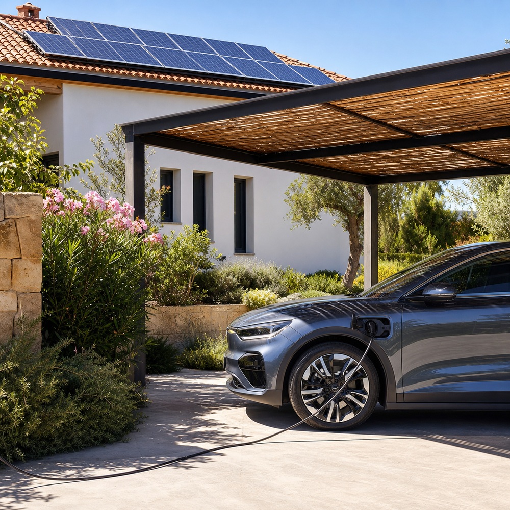 Coche eléctrico cargando con energía solar en una vivienda con paneles fotovoltaicos