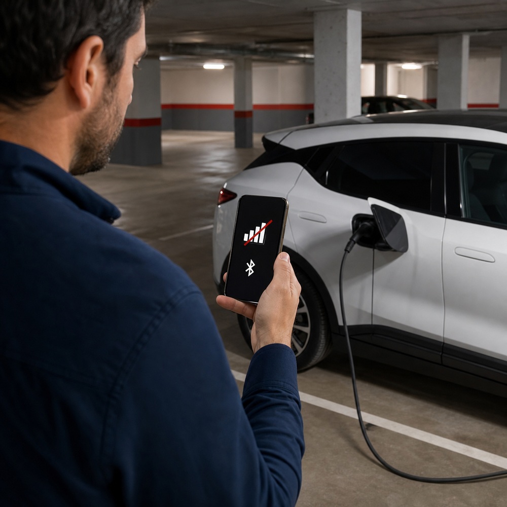 Conductor usando Bluetooth para controlar un cargador de coche eléctrico en un garaje sin cobertura
