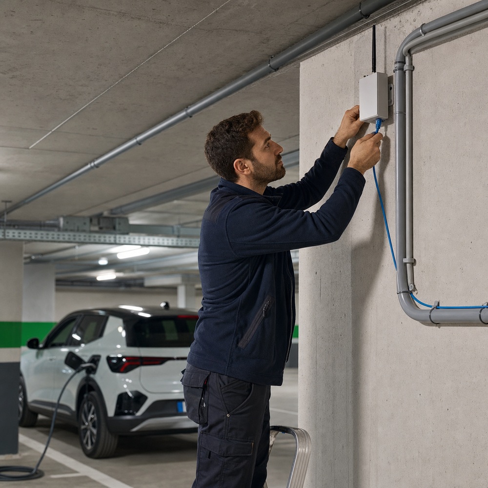 Instalador conectando por Ethernet un cargador de coche eléctrico en un garaje sin cobertura