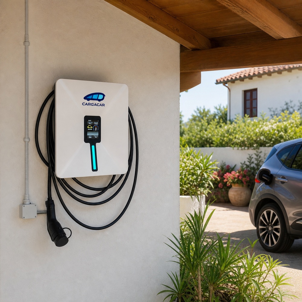 Cargador de coche eléctrico instalado en el exterior bajo un porche