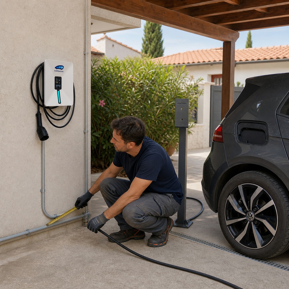 Instalador revisando un cargador de coche eléctrico colocado en el exterior de una vivienda