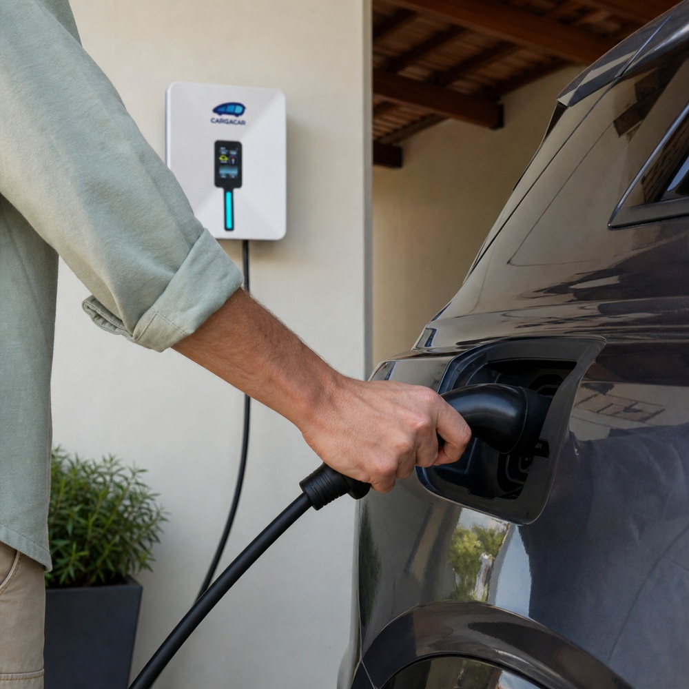 Una persona conecta el cable de un punto de recarga doméstico a un coche eléctrico.