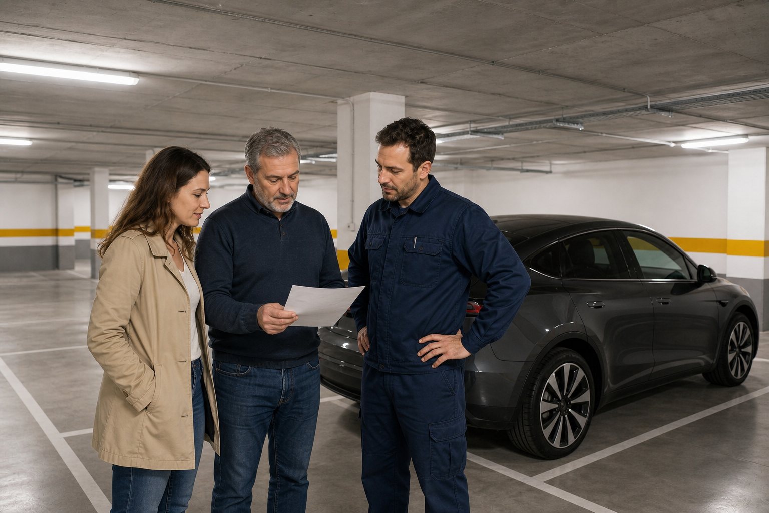 Inquilina, propietario e instalador revisan un documento junto a un coche eléctrico en un garaje comunitario.