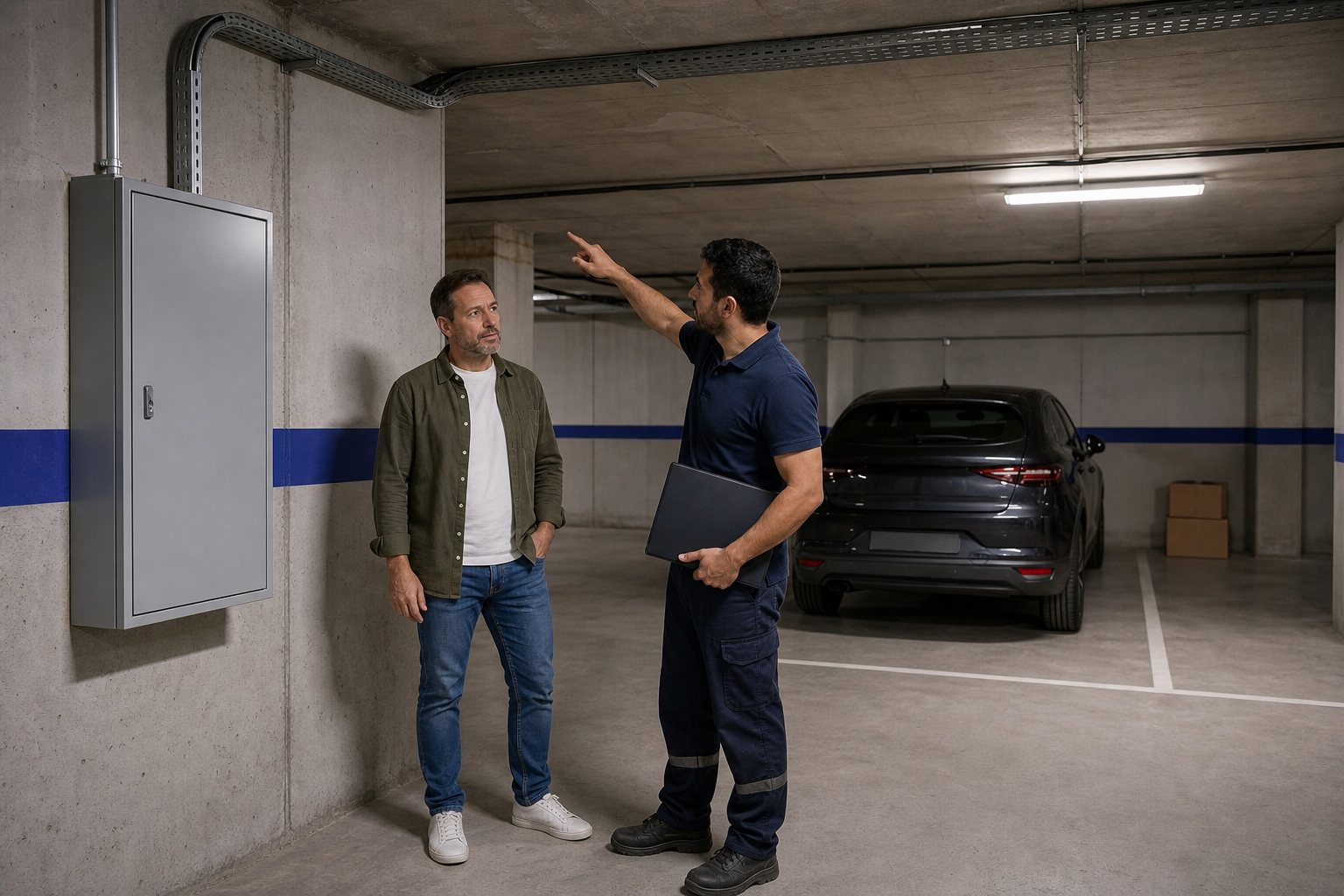 Un instalador explica al propietario el trazado de una instalación eléctrica en un garaje.