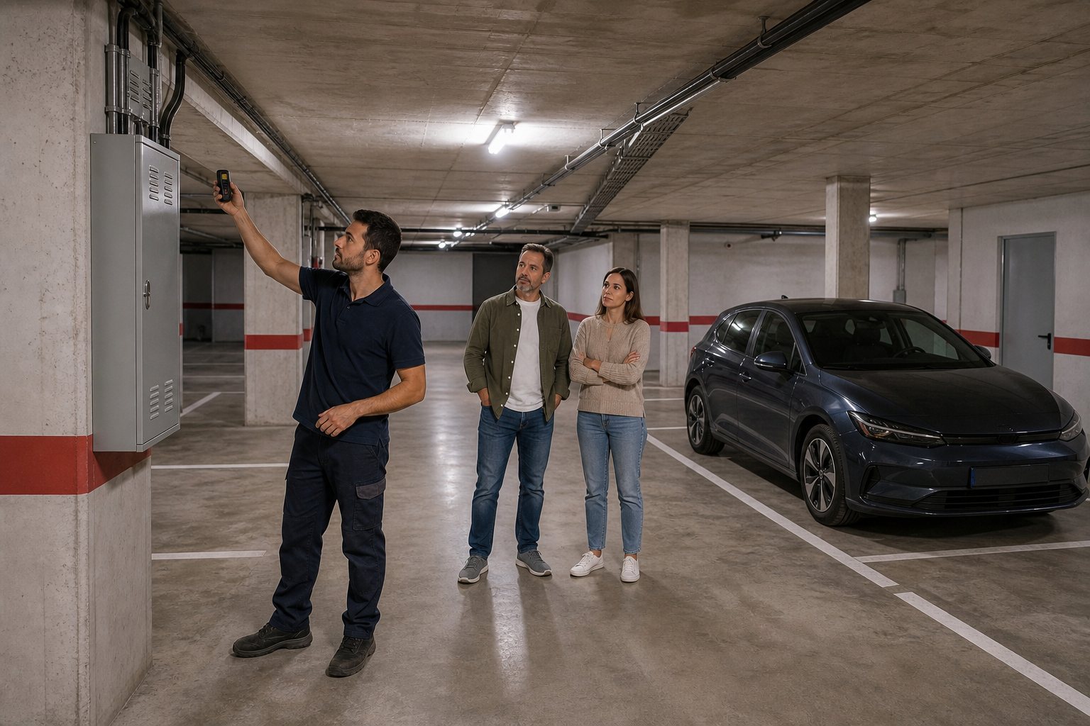 Un instalador examina el cuadro eléctrico de un garaje con el propietario y la inquilina.