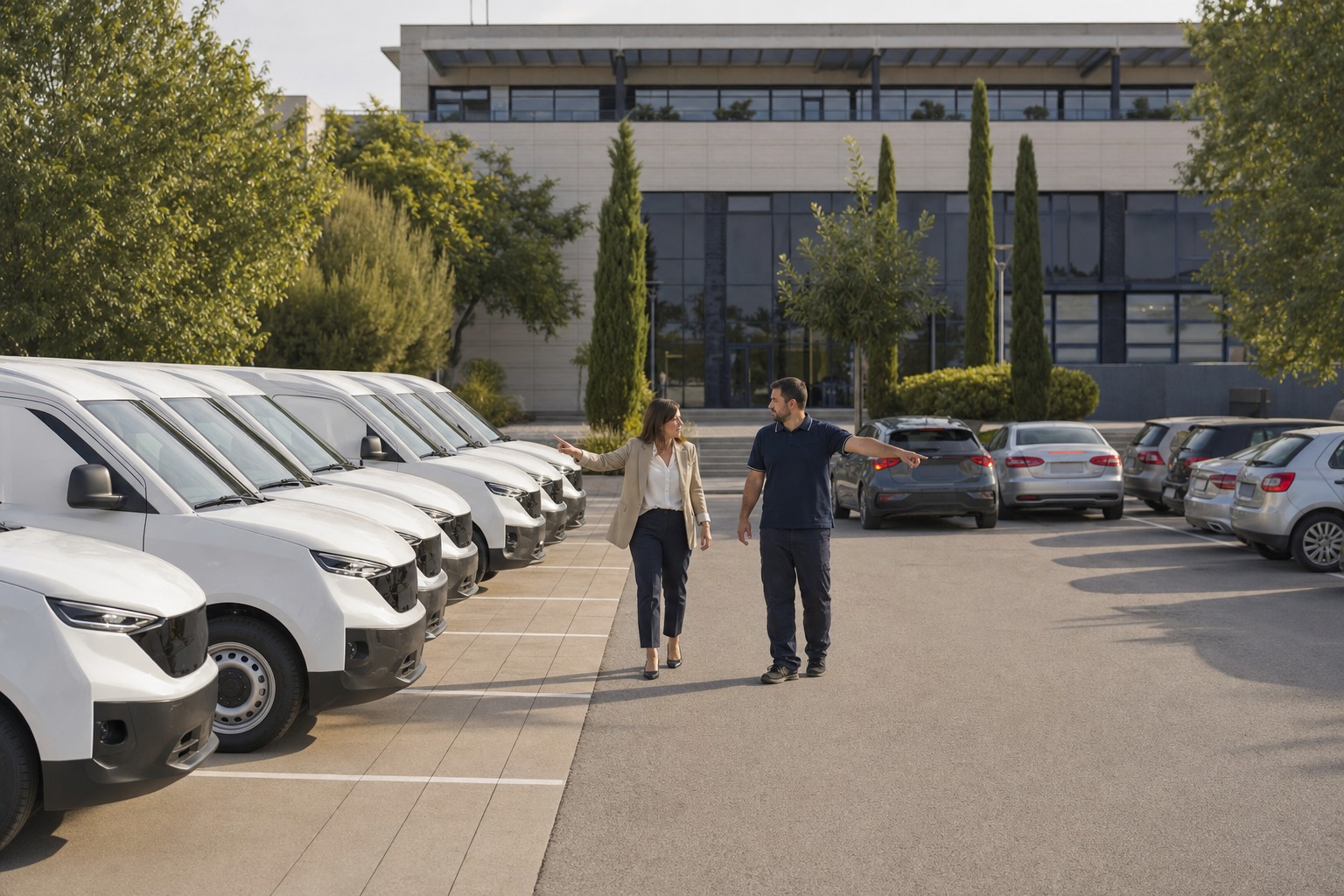 Dos profesionales revisan el aparcamiento de una empresa con furgonetas de flota y coches de empleados.